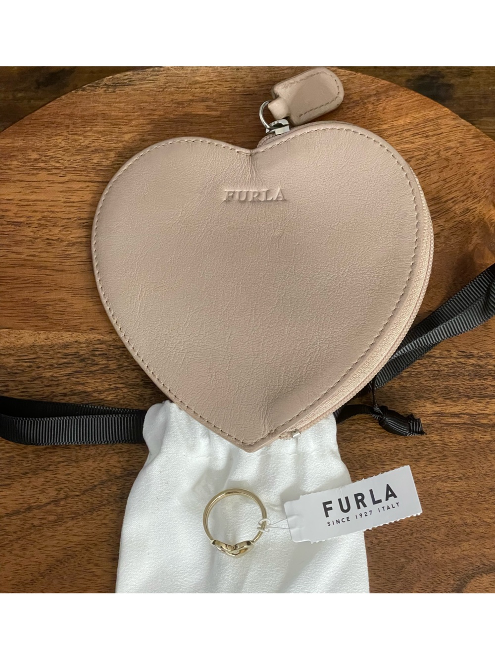 FURLA Heart Bundle - Baby Pink Leather Coin Purse & Gold Tone LOVE Ring size 7
